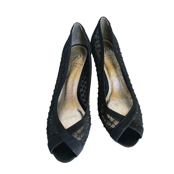 Adrianna Papell Jamie Peep Toe Pump Satin Heels Crystals Black 6M Evening Event - Picture 3 of 9